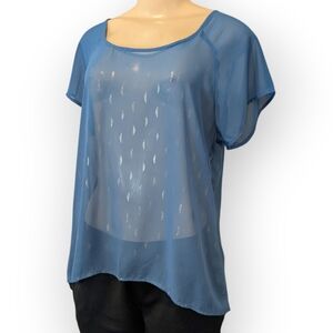 Bobeau Sheer Cornflower Blue Metallic Silver Print Short Sleeve High Low Top S